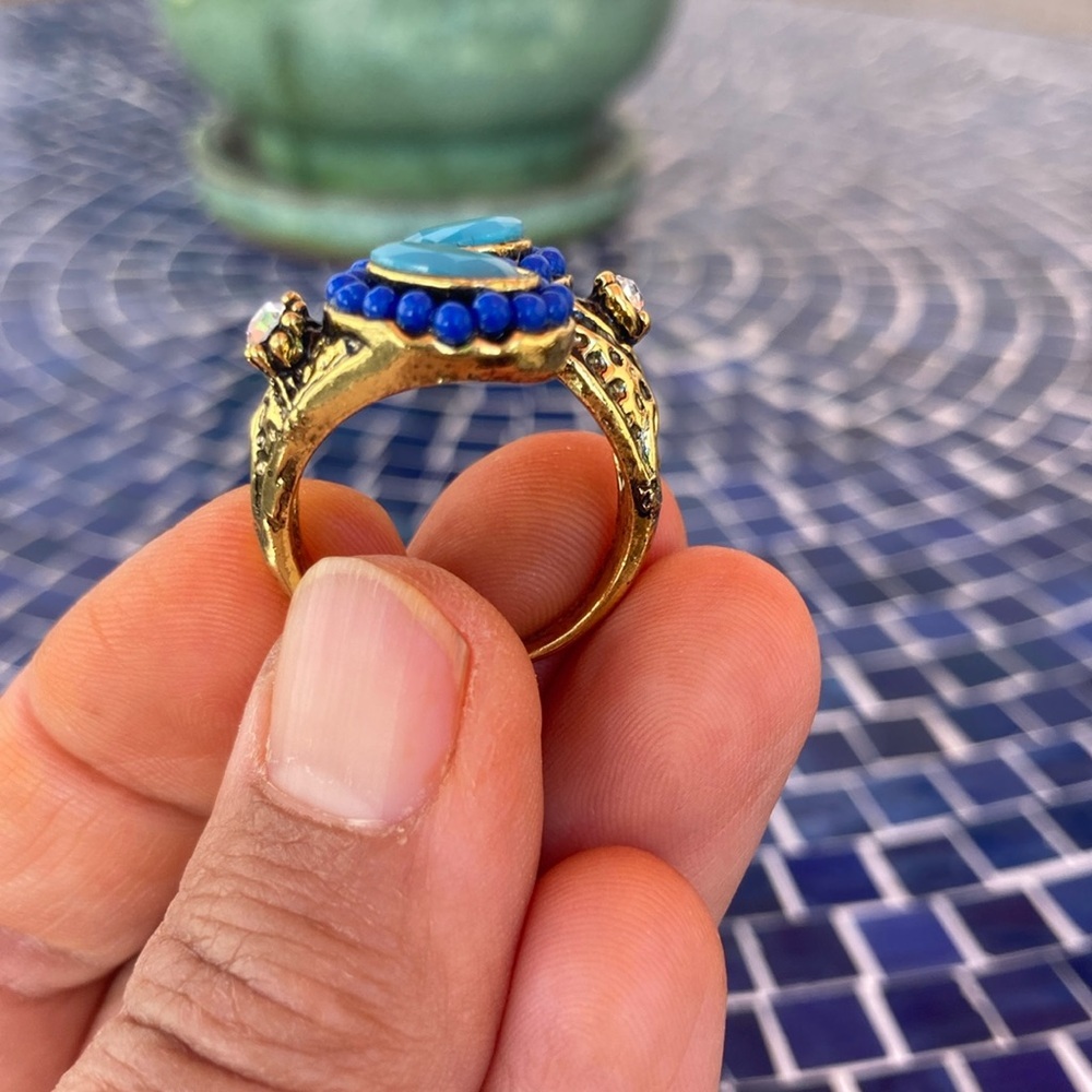 Blue Turquoise-Accent Double Stone Adjustable Ring - Picture 4 of 5